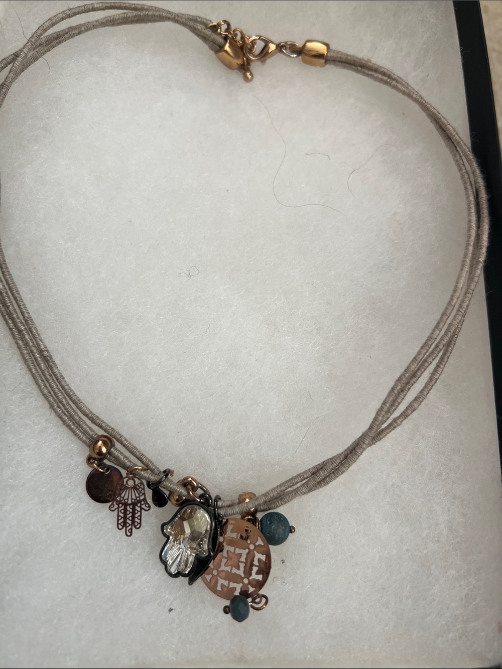 Taupe Grey Cord Charm Necklace with Mixed Metal Accents